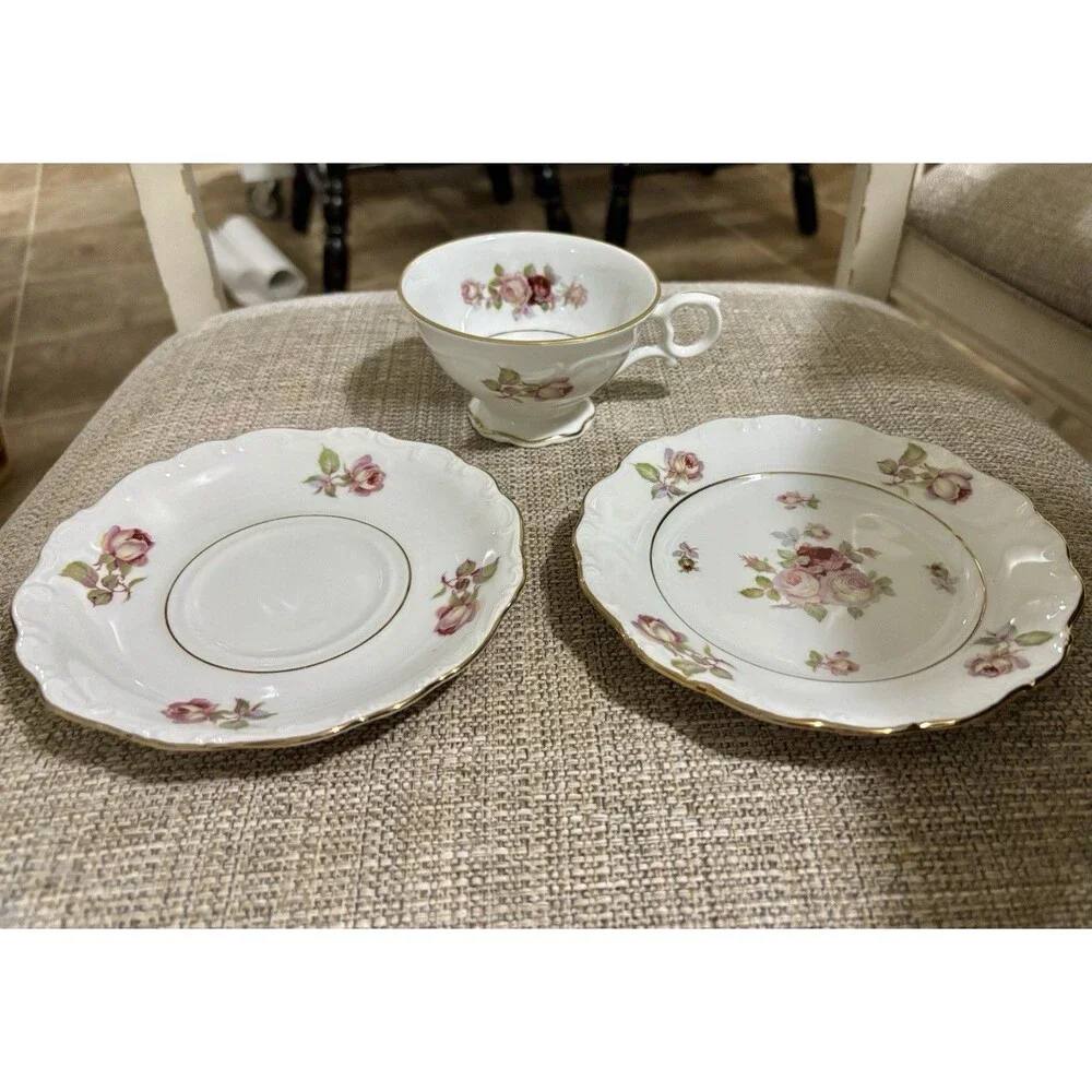 Schumann Bavaria Antique Rose Trio Tea Cup Saucer 6” Butter Plate Germany